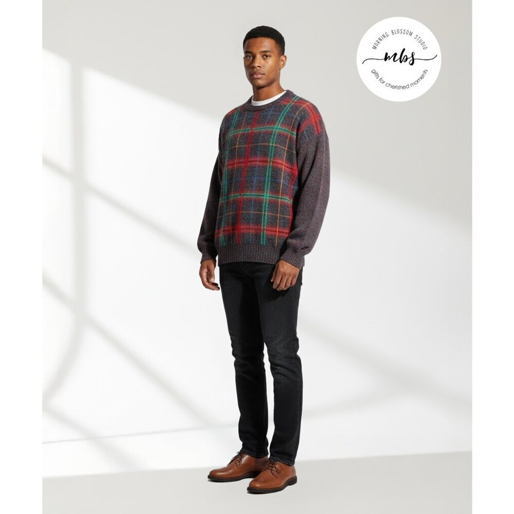 Scott‎ Officer 100% Pure Wool Crew Neck Plaid Sweater Multciolors Men L